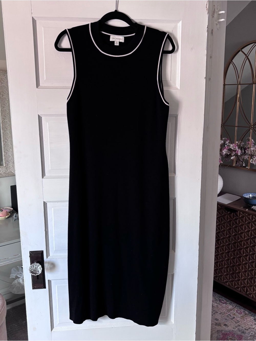 Sleeveless Black Midi Sheath Knit Dress with White Trim